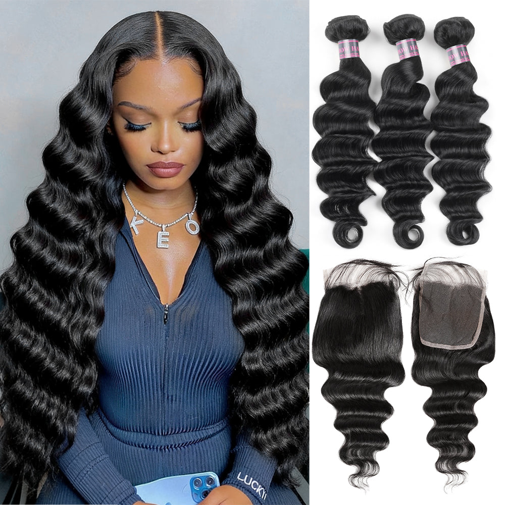 Hairsmarket Loose Deep Wave Bundles with Closure Peruvian Hair 3 Bundles with 4x4 Lace Closure Virgin Human Hair