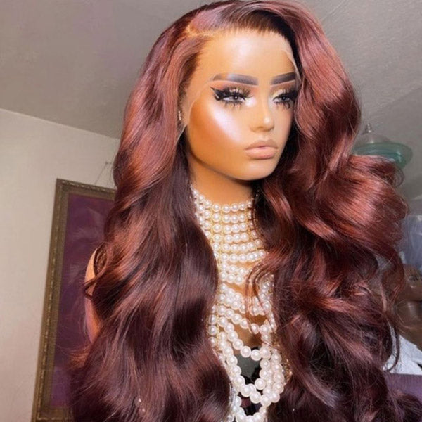 #33 Reddish Brown Body Wave Human Hair Wig 13x4 HD Lace Front Colored Wigs
