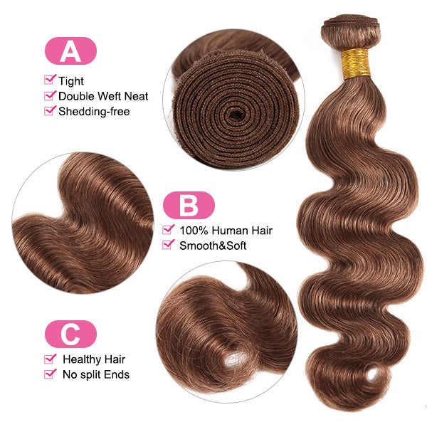 Brown Body Wave With Closure #4 Chocolate Brown 3 Bundles With 4x4 Lace Closure