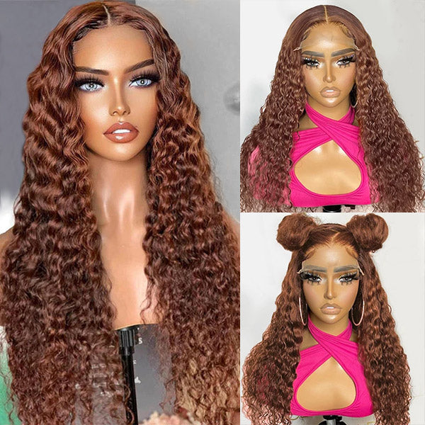 13x4 Deep Wave Frontal Wig Dark Brown HD Lace Wigs #4 Colored Human Hair Wigs
