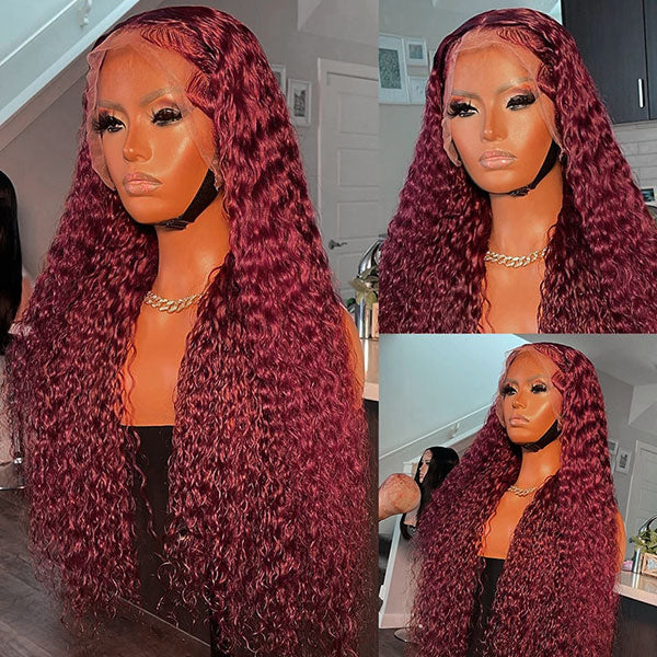 13x6 Lace Front Wigs #99J Burgundy Deep Wave Hair Affordable Colored Wigs