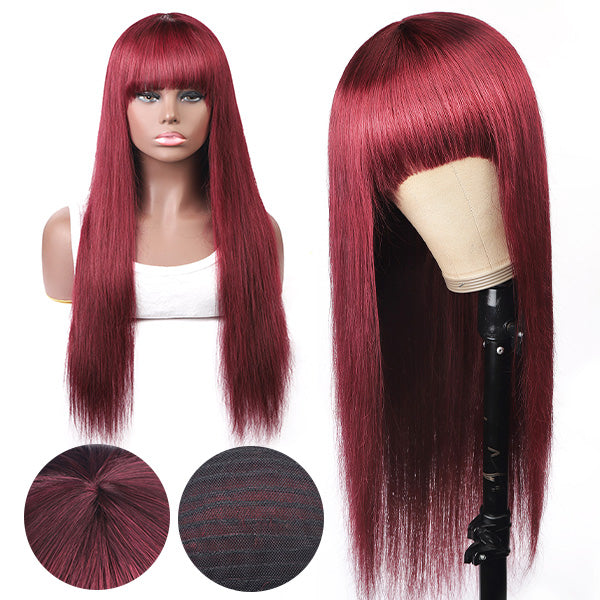 Straight Hair 99J# Colored Virgin Human Hair Wigs Machine Made Wigs With Bangs