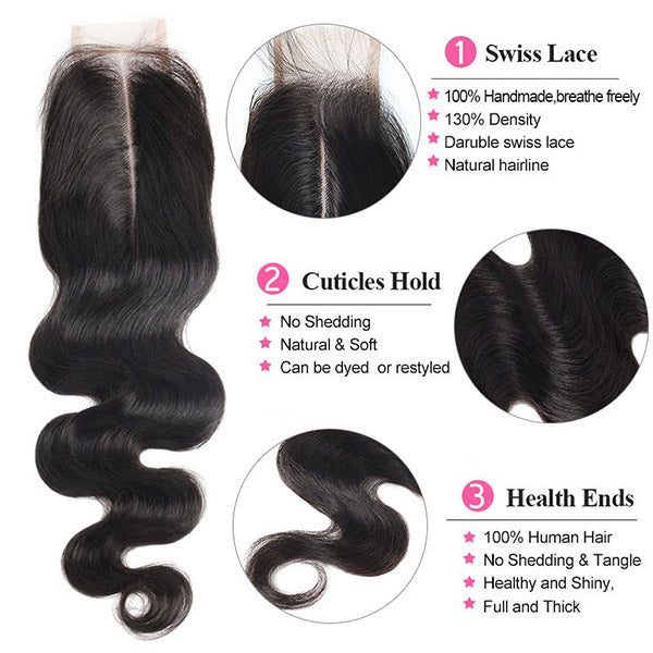 8A Quality Body Wave Hair 3 Bundles With 2*6 Lace Closure