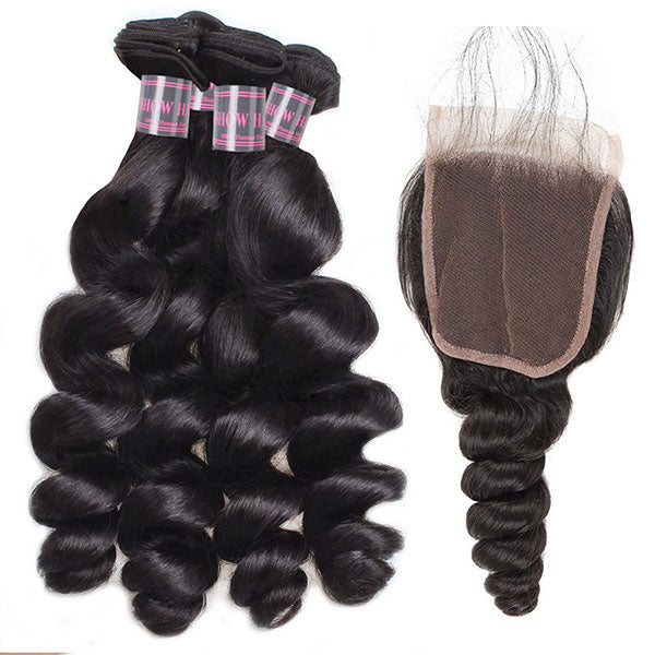 Ishow Peruvian Loose Wave Virgin Human Hair 4 Bundles With Lace Closure
