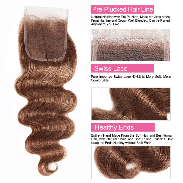 Brown Body Wave With Closure #4 Chocolate Brown 3 Bundles With 4x4 Lace Closure