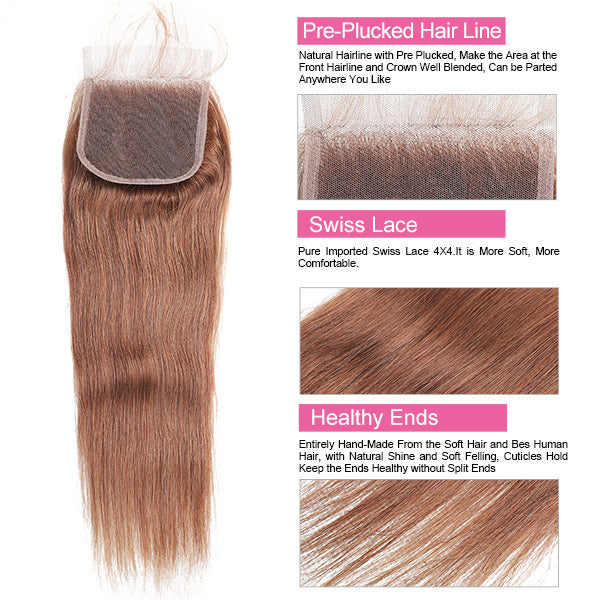 Light Brown Straight Human Hair 3 Bundles With 4x4 Closure #4 Virgin Human Hair