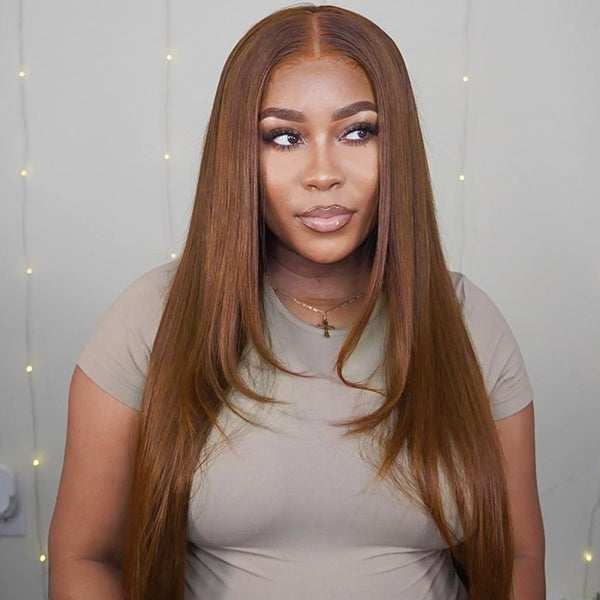 Light Brown Straight Human Hair 3 Bundles With 4x4 Closure #4 Human Hair Weave