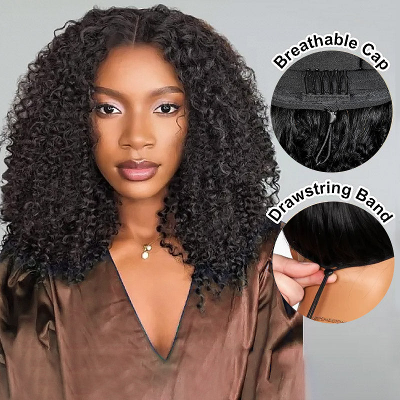 Hairsmarket Glueless 3 IN 1 Half Wig Bouncy Coily Kinky Curly 180% Density Pull And Go Drawstring Band