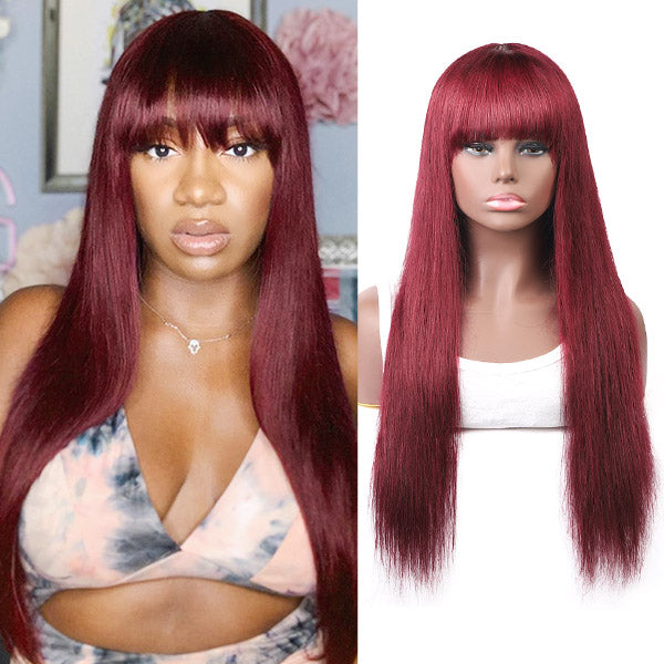 Straight Hair 99J# Colored Virgin Human Hair Wigs Machine Made Wigs With Bangs