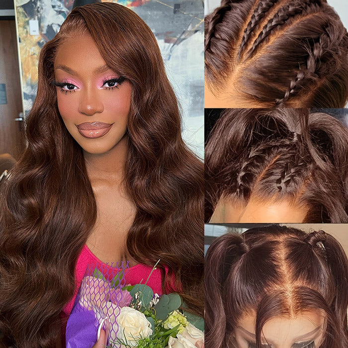 Brown Colored Body Wave Bundles with Closure #4 Chocolate Brown 3 Bundles with 4x4 Lace Closure