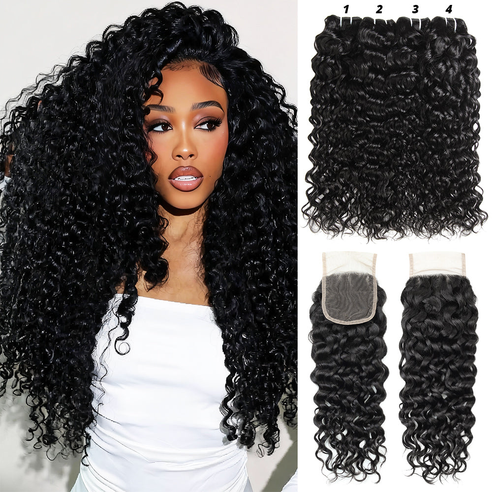 Hairsmarket Wet and Wavy Bundles with Closure Malaysian Water Wave 3 Bundles with 4x4 Lace Closure