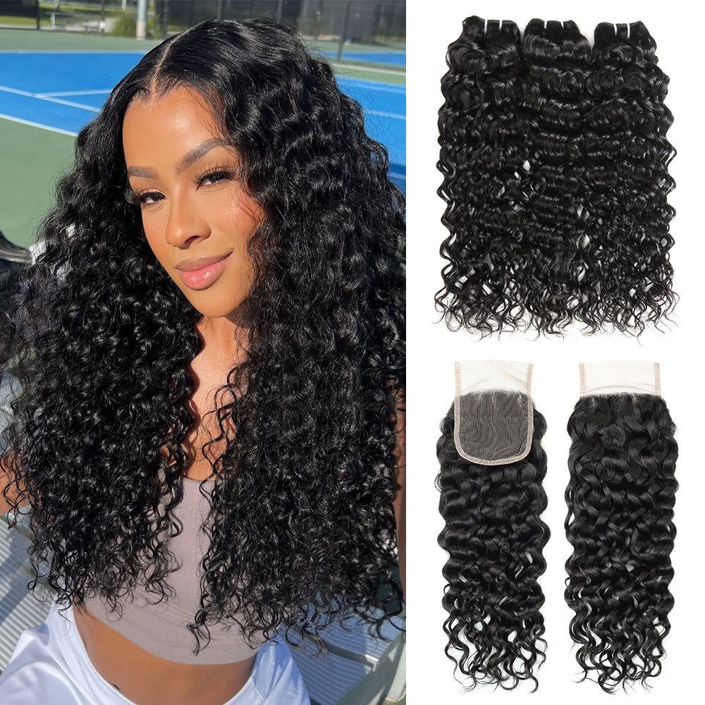Hairsmarket Wet and Wavy Bundles with Closure Malaysian Water Wave 3 Bundles with 4x4 Lace Closure