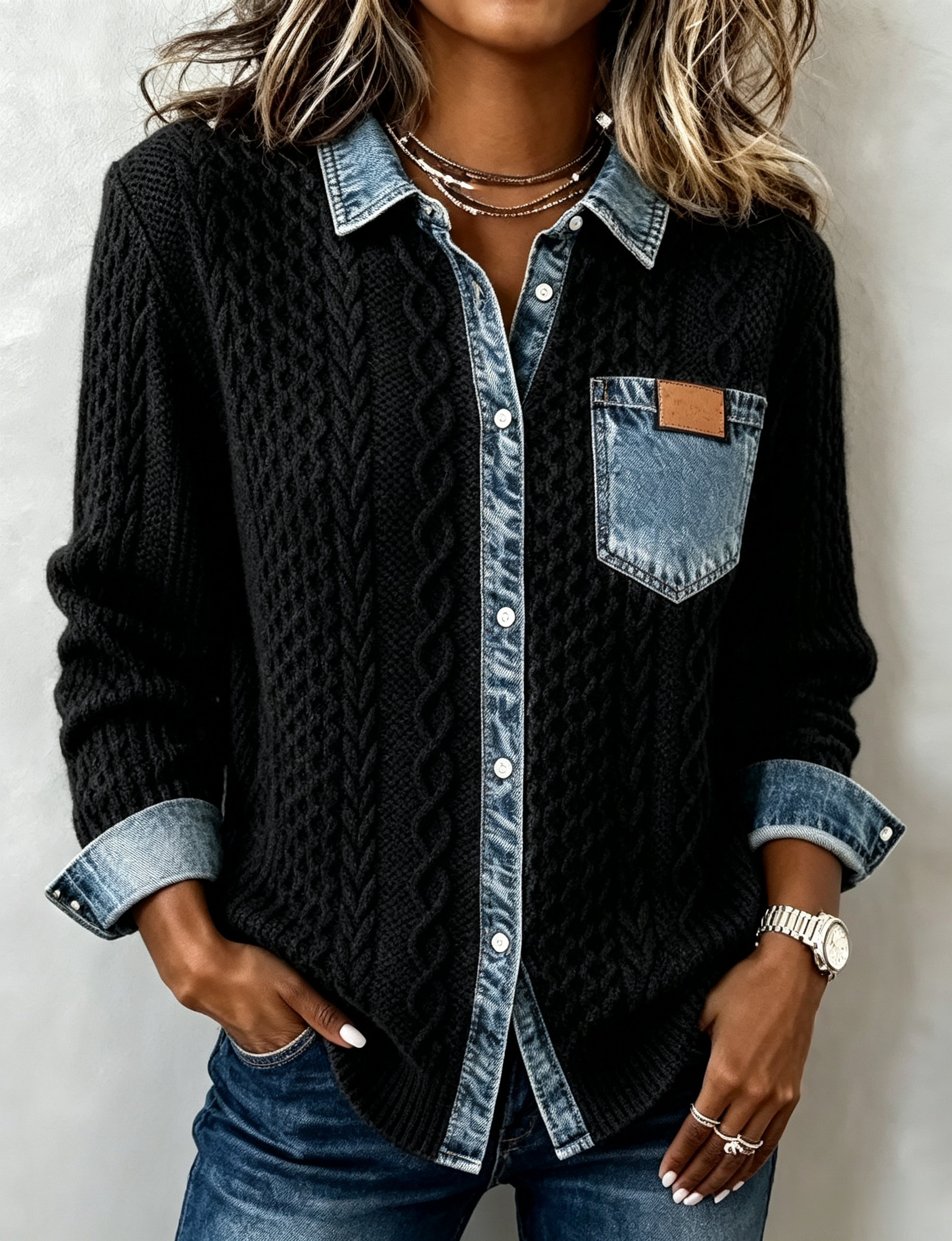 【Clearance Sale: 50% Off🎉🎉🎉】Women's Pure Wool Long-Sleeve Shirt with Cable and Plaid Print