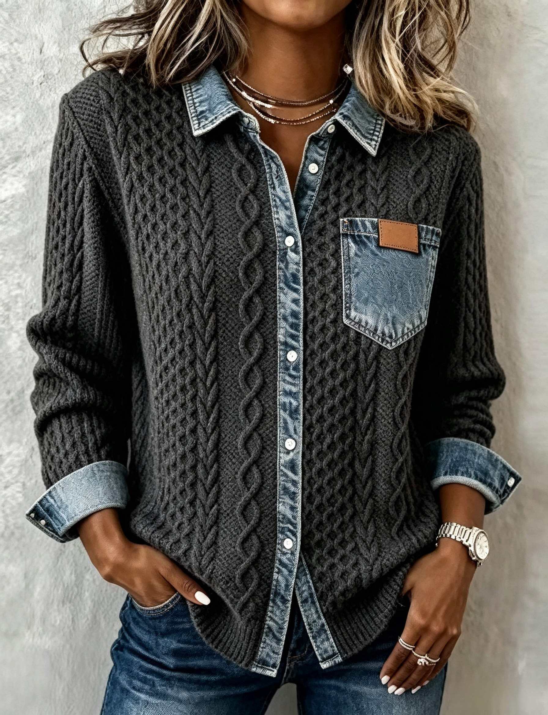 【Clearance Sale: 50% Off🎉🎉🎉】Women's Pure Wool Long-Sleeve Shirt with Cable and Plaid Print