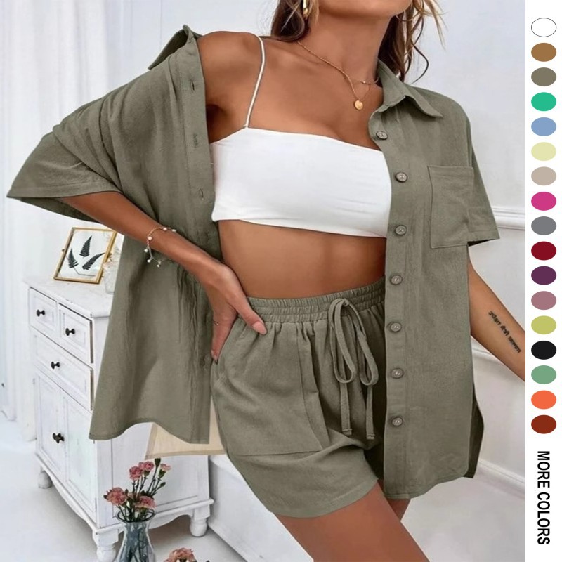 Women's 2 Piece Linen Matching Set, Short Sleeve Button Down Shirt & Drawstring High Waist Shorts Casual Summer Outfit