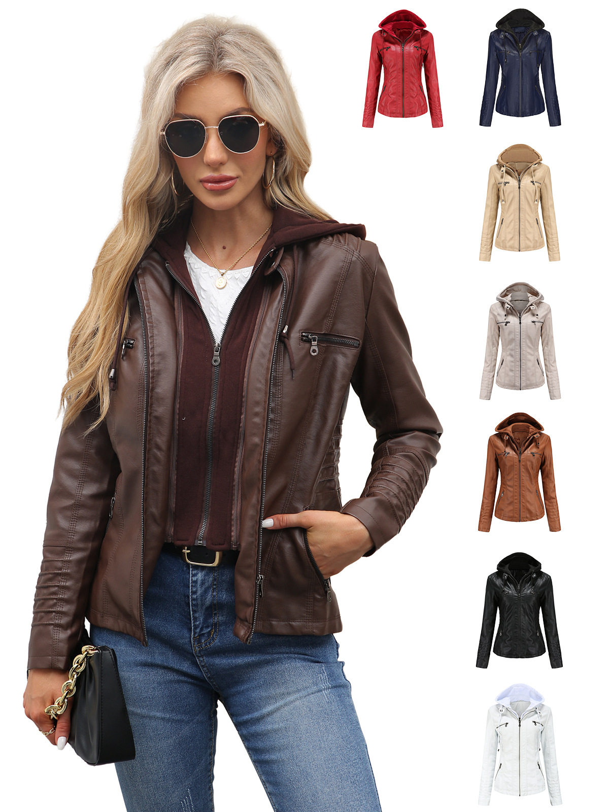 Women's Plus-Size Genuine Leather Hooded Jacket (Detachable 2-Piece Set)