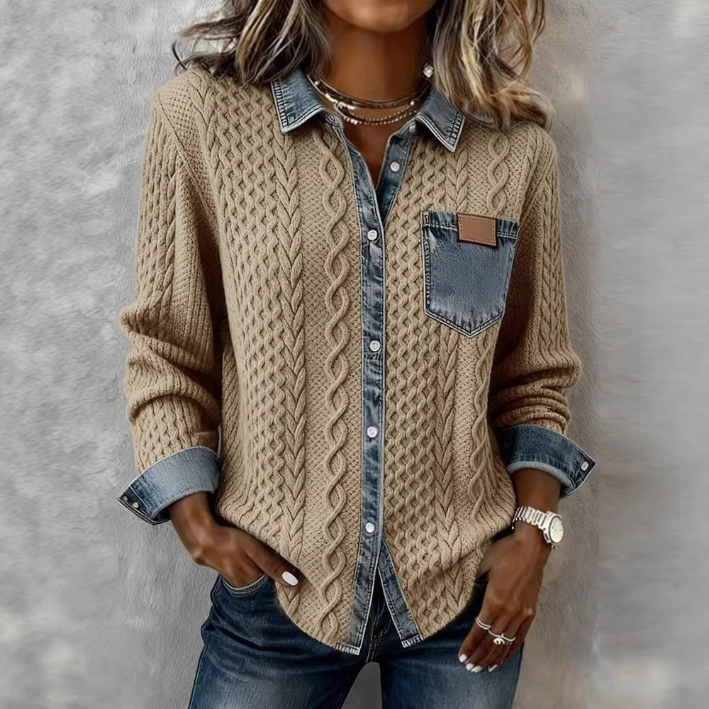 【Clearance Sale: 50% Off🎉🎉🎉】Women's Pure Wool Long-Sleeve Shirt with Cable and Plaid Print