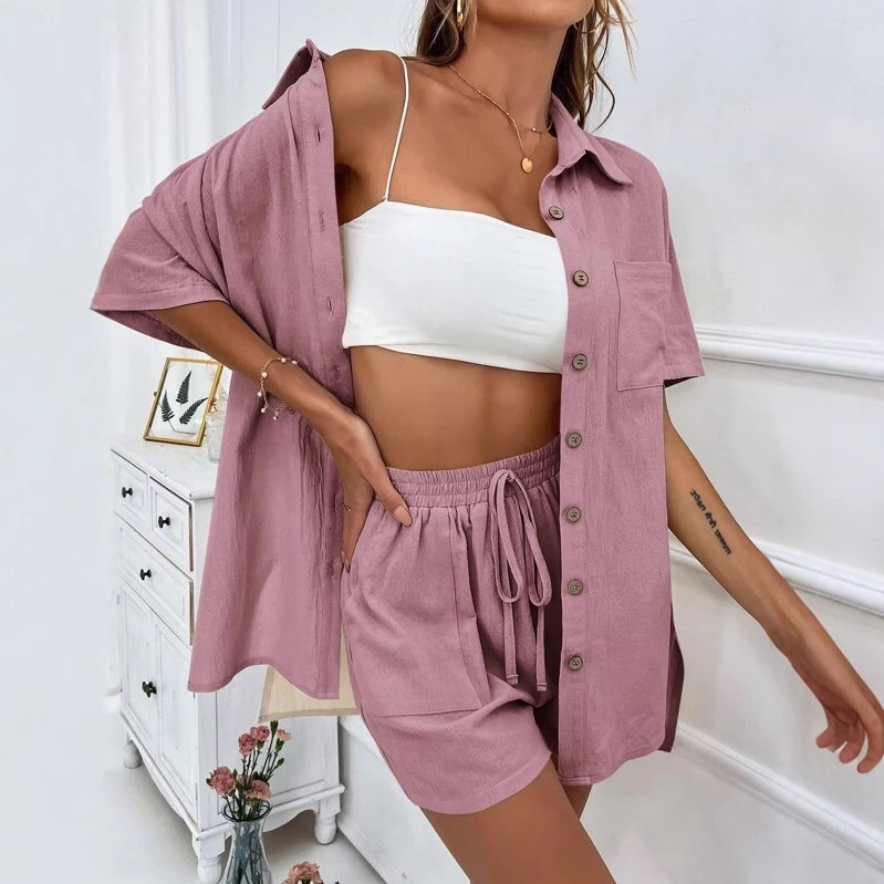Women's 2 Piece Linen Matching Set, Short Sleeve Button Down Shirt & Drawstring High Waist Shorts Casual Summer Outfit