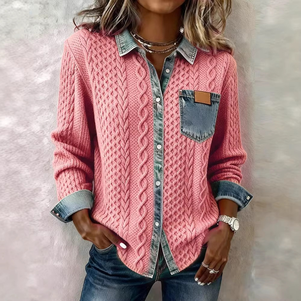 【Clearance Sale: 50% Off🎉🎉🎉】Women's Pure Wool Long-Sleeve Shirt with Cable and Plaid Print