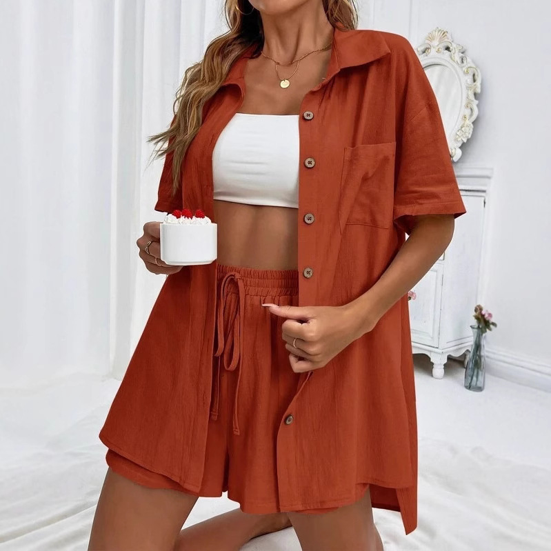 Women's 2 Piece Linen Matching Set, Short Sleeve Button Down Shirt & Drawstring High Waist Shorts Casual Summer Outfit