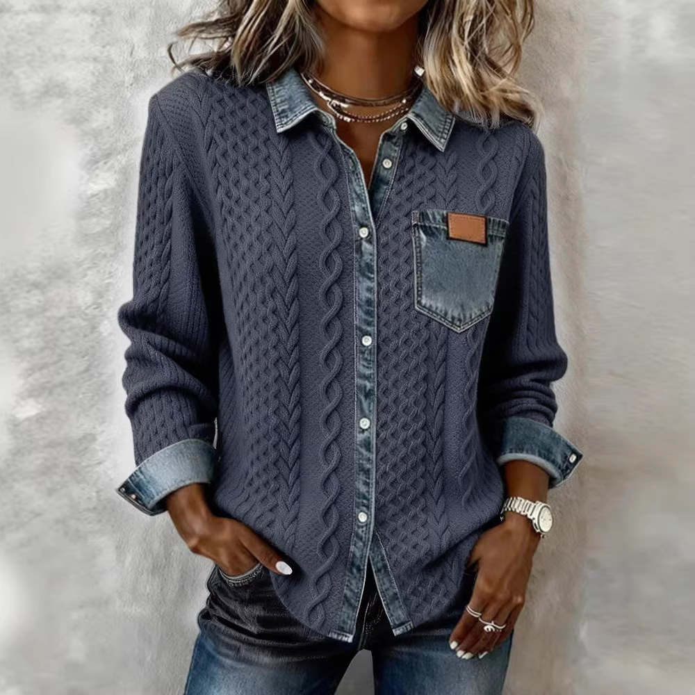 【Clearance Sale: 50% Off🎉🎉🎉】Women's Pure Wool Long-Sleeve Shirt with Cable and Plaid Print