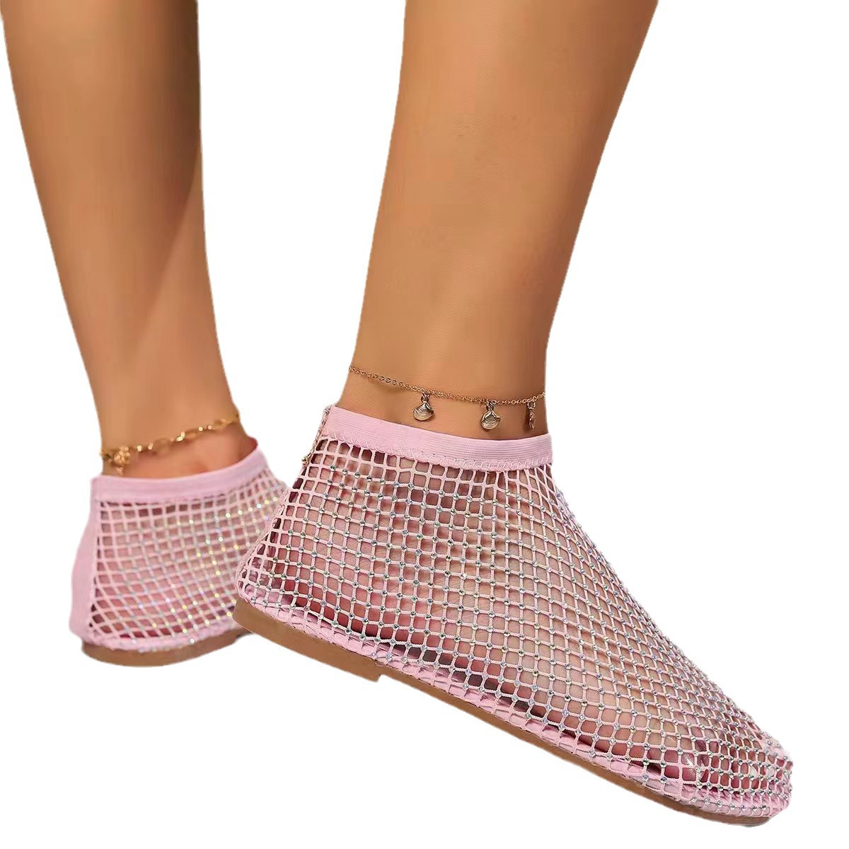 Women Rhinestone Mesh Ankle Boots Flat Breathable Hollow Out Sandals