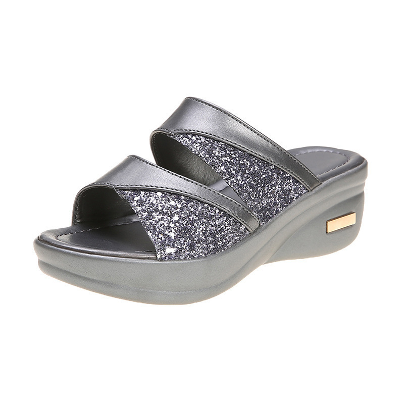 Women's Sequined Peep-Toe Platform Wedge Slides