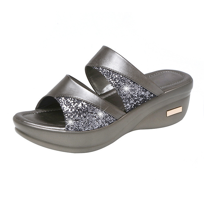 Women's Sequined Peep-Toe Platform Wedge Slides