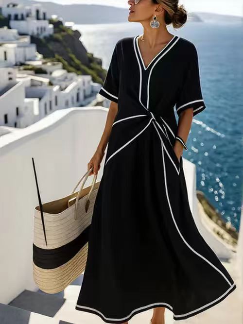 Women V Neck Short Sleeve Twist Waist Linen Maxi Dress, Contrast Black Pockets Long Flowy Vacation Dress, Elegant Beach Resort Midi Dress with Side Pockets