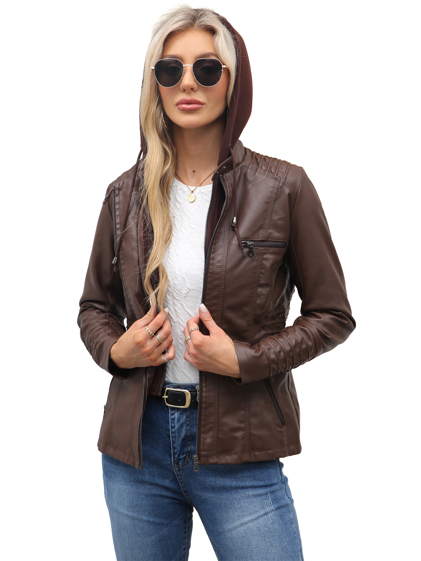 Women's Plus-Size Genuine Leather Hooded Jacket (Detachable 2-Piece Set)