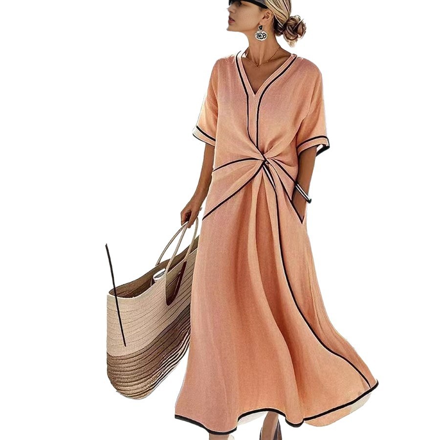 Women V Neck Short Sleeve Twist Waist Linen Maxi Dress, Contrast Black Pockets Long Flowy Vacation Dress, Elegant Beach Resort Midi Dress with Side Pockets