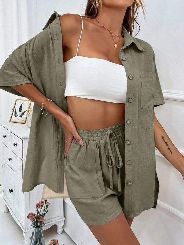 Women's 2 Piece Linen Matching Set, Short Sleeve Button Down Shirt & Drawstring High Waist Shorts Casual Summer Outfit