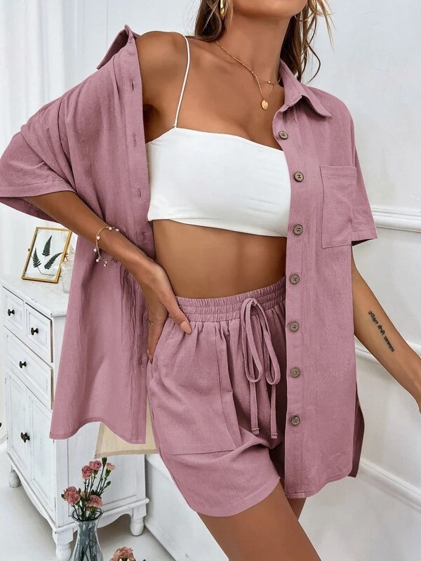Women's 2 Piece Linen Matching Set, Short Sleeve Button Down Shirt & Drawstring High Waist Shorts Casual Summer Outfit