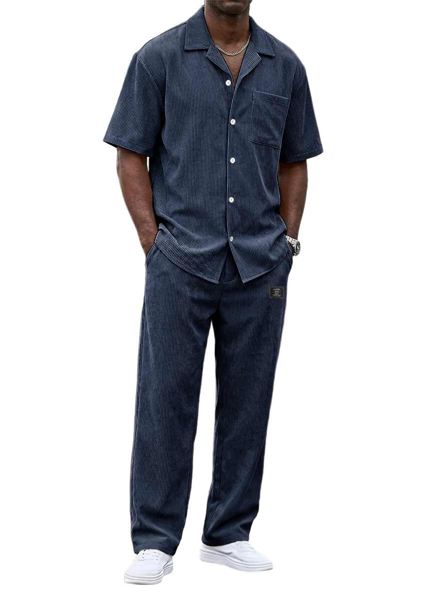 Zeitlich begrenzter Rabatt von 49 %🎉Herren Vintage Corduroy Freizeit Kurzarmhemd und lockere gerade Hosen Set