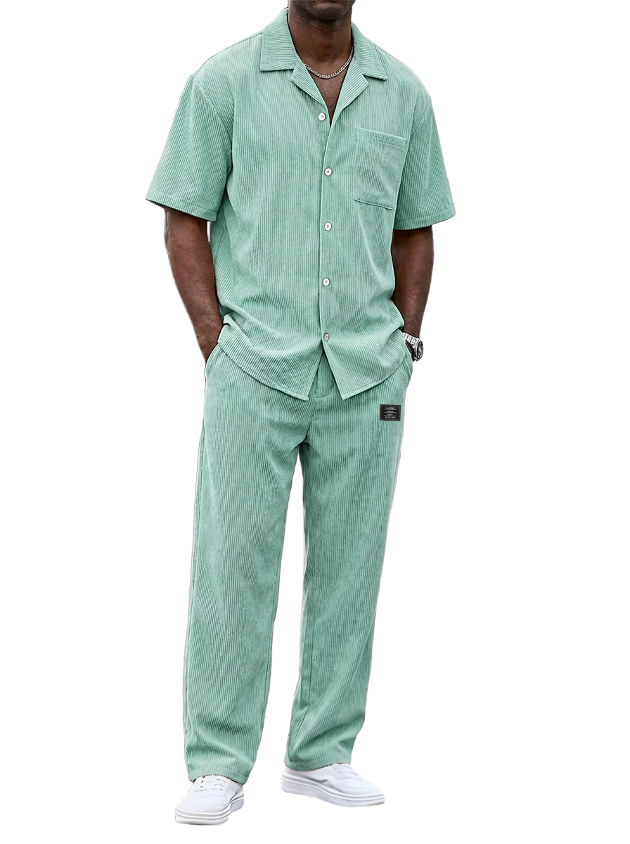 Zeitlich begrenzter Rabatt von 49 %🎉Herren Vintage Corduroy Freizeit Kurzarmhemd und lockere gerade Hosen Set