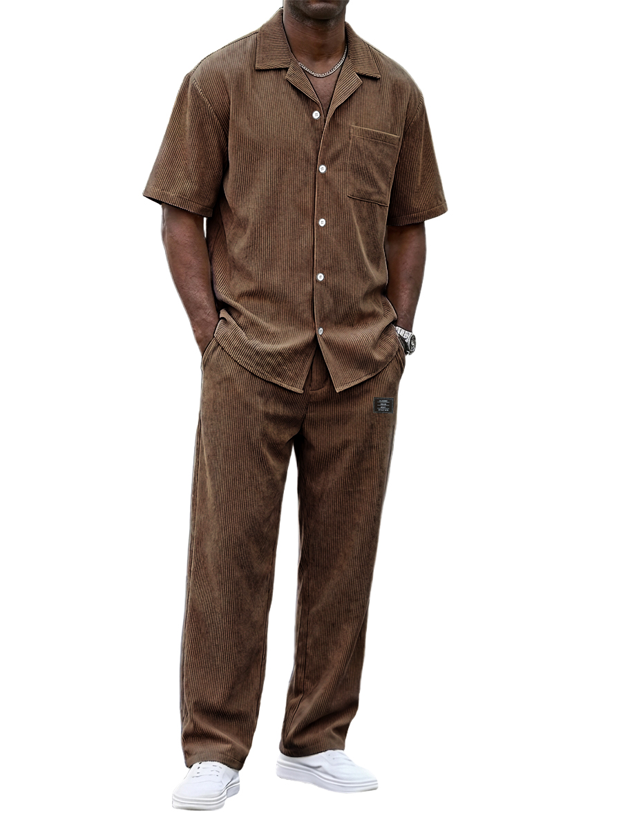 Zeitlich begrenzter Rabatt von 49 %🎉Herren Vintage Corduroy Freizeit Kurzarmhemd und lockere gerade Hosen Set