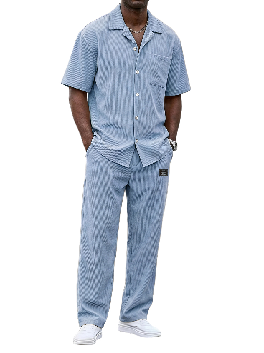 Zeitlich begrenzter Rabatt von 49 %🎉Herren Vintage Corduroy Freizeit Kurzarmhemd und lockere gerade Hosen Set