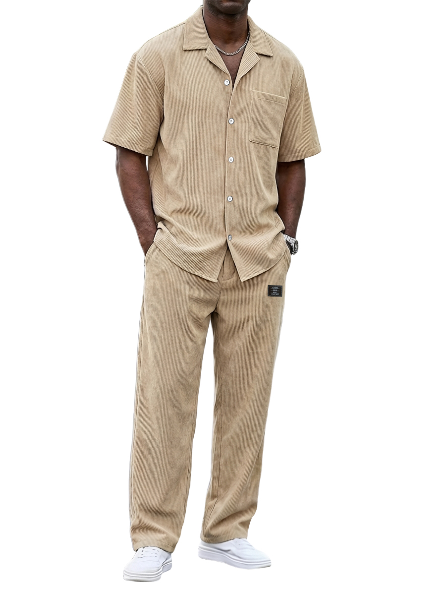 Zeitlich begrenzter Rabatt von 49 %🎉Herren Vintage Corduroy Freizeit Kurzarmhemd und lockere gerade Hosen Set