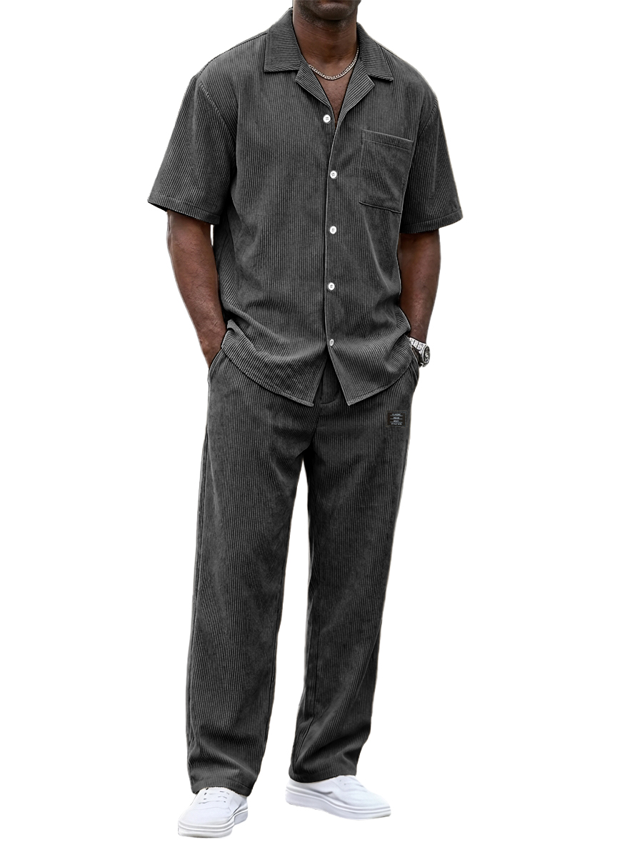 Zeitlich begrenzter Rabatt von 49 %🎉Herren Vintage Corduroy Freizeit Kurzarmhemd und lockere gerade Hosen Set