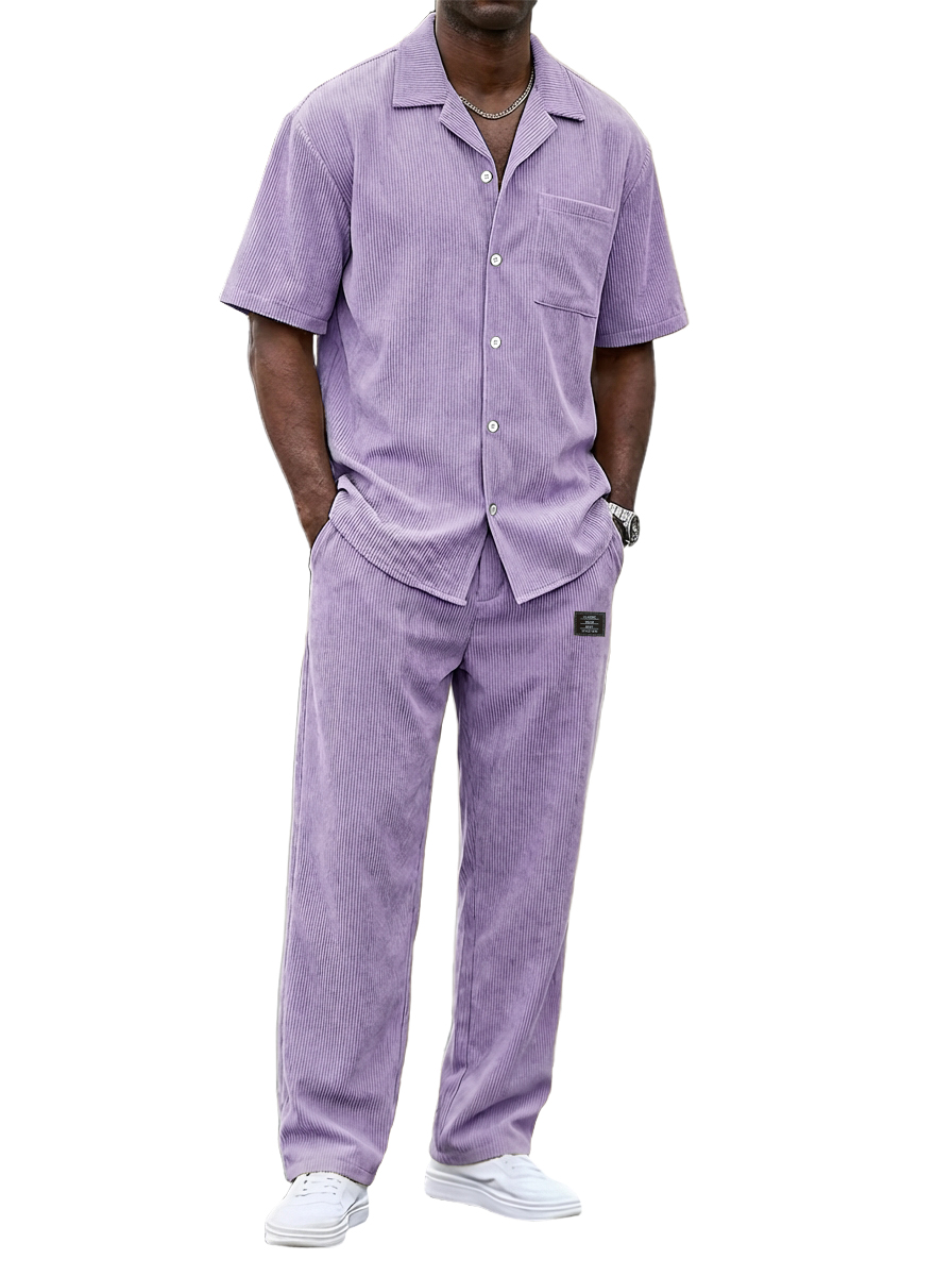 Zeitlich begrenzter Rabatt von 49 %🎉Herren Vintage Corduroy Freizeit Kurzarmhemd und lockere gerade Hosen Set
