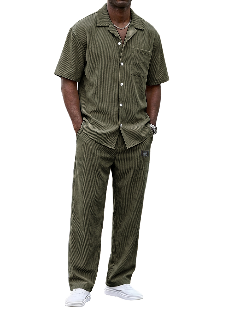Zeitlich begrenzter Rabatt von 49 %🎉Herren Vintage Corduroy Freizeit Kurzarmhemd und lockere gerade Hosen Set