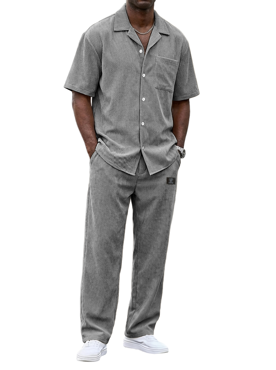 Zeitlich begrenzter Rabatt von 49 %🎉Herren Vintage Corduroy Freizeit Kurzarmhemd und lockere gerade Hosen Set