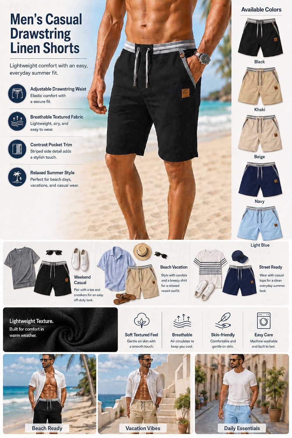 Men's Shorts Linen Shorts Summer Shorts Beach Shorts Drawstring Pocket Elastic Waist Color Block Solid Comfort Breathable Short Casual Daily Beach Vacation Fashion Khaki Dark Khaki Inelastic 2026 - BHD 12.09 &ndash;P1