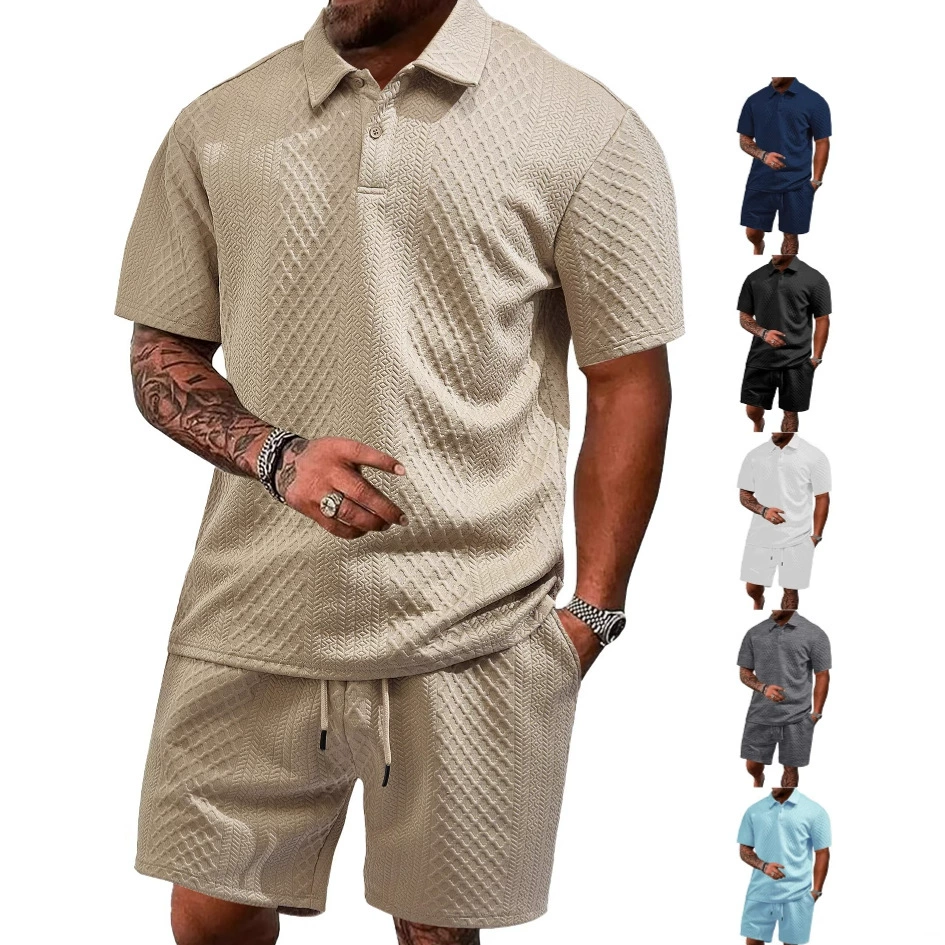 Men's Solid Polo Shirt & Drawstring Waist Shorts Set