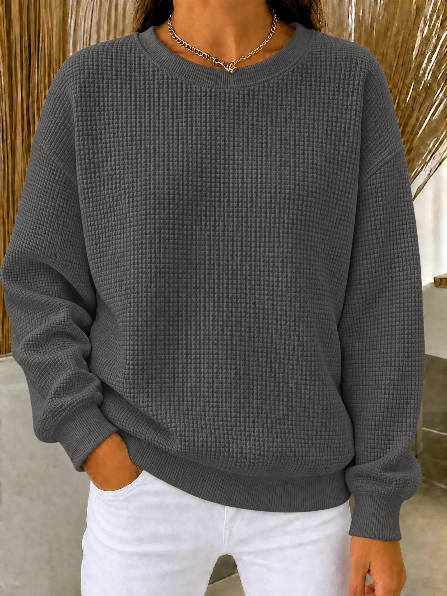 CLEARANCE SALE 49% off🔥Women's Waffle Knit Crewneck Sweatshirt