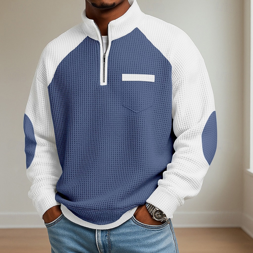 Men's Waffle Polo Shirts Polo Casual Formal Banded Collar Long Sleeve Fashion Solid Color Textured Color Block Buttons Fall Spring &  Fall Fall & Winter Regular Fit Light Green Navy Blue Light Grey 2026 - BHD 7.6 &ndash;P6