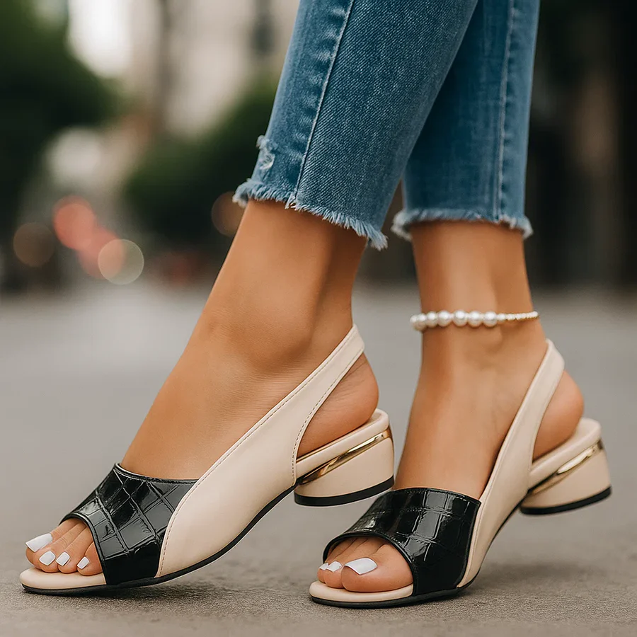 Soft leather peep-toe slides with low-to-mid heels