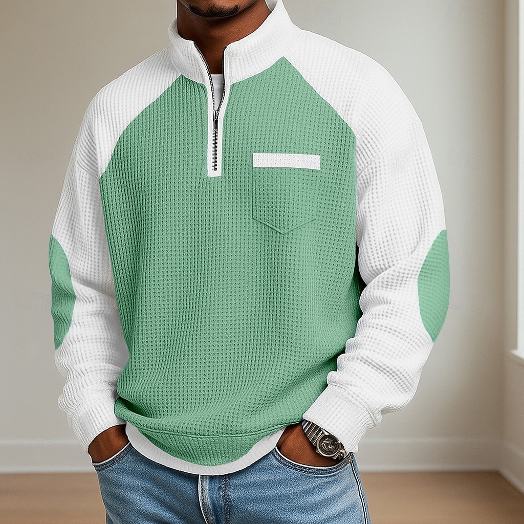 Men's Waffle Polo Shirts Polo Casual Formal Banded Collar Long Sleeve Fashion Solid Color Textured Color Block Buttons Fall Spring &  Fall Fall & Winter Regular Fit Light Green Navy Blue Light Grey 2026 - BHD 7.6 &ndash;P4