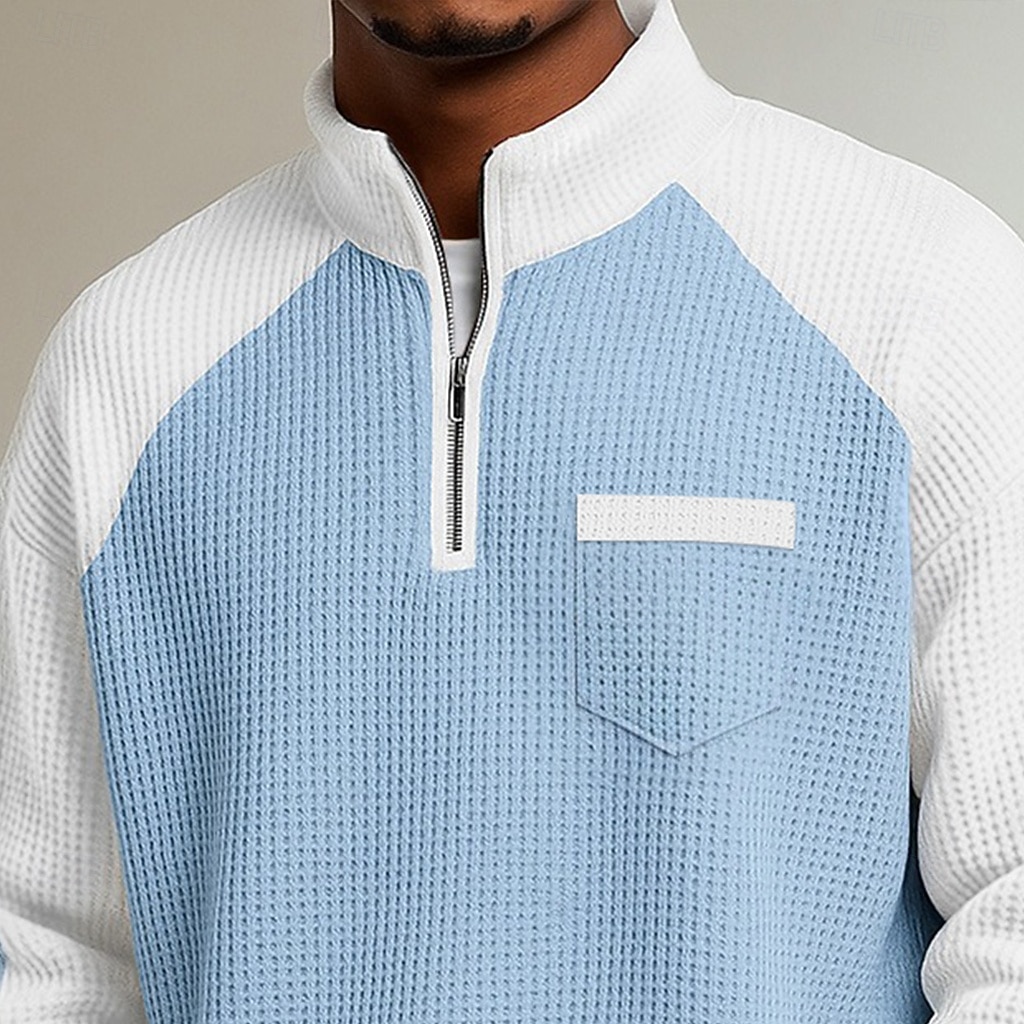 Men's Waffle Polo Shirts Polo Casual Formal Banded Collar Long Sleeve Fashion Solid Color Textured Color Block Buttons Fall Spring &  Fall Fall & Winter Regular Fit Light Green Navy Blue Light Grey 2026 - BHD 7.6 &ndash;P2