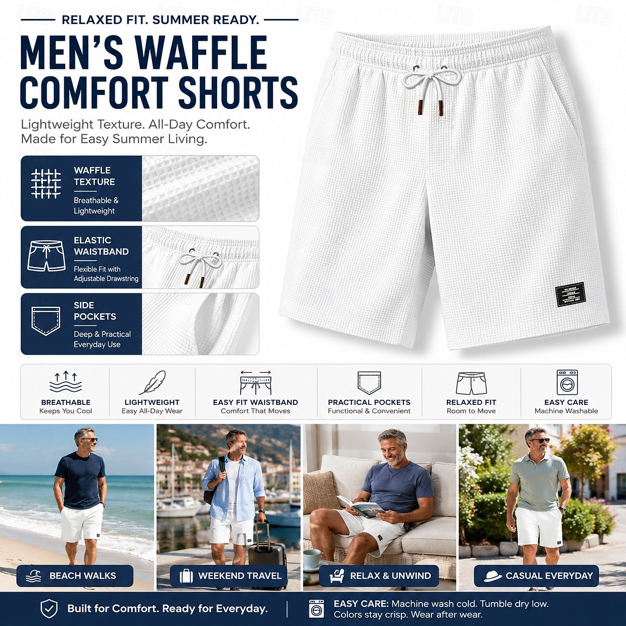 Men's Waffle Shorts Shorts Summer Shorts Casual Shorts Pocket Elastic Waist Drawstring Plain Comfort Breathable Knee Length Outdoor Vacation Sport Casual Black White Micro-elastic 2026 - BHD 9.19 &ndash;P2